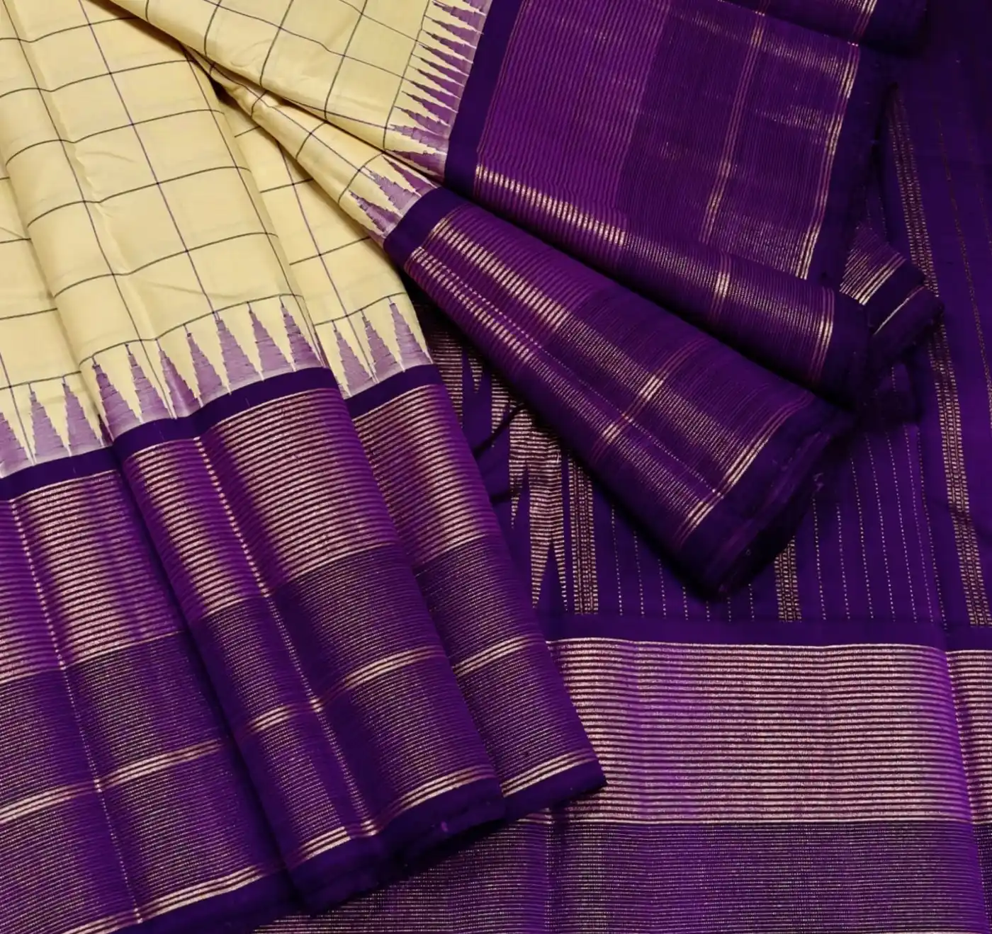 Premium Cream Silk Saree with Royal Purple Checked Border and Rich Pallu